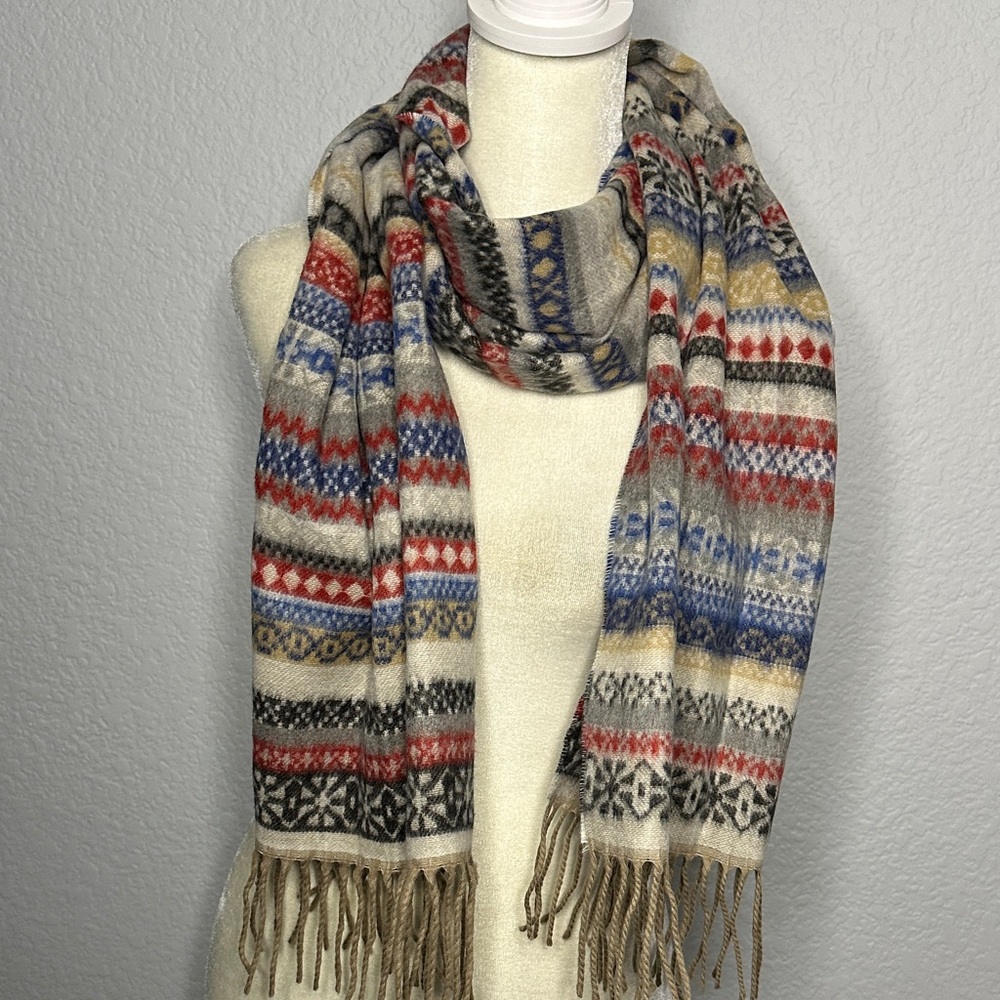V Fraas Casmink Multicolor Fairisle Patterned Winter Scarf with Fringe 70”x15”